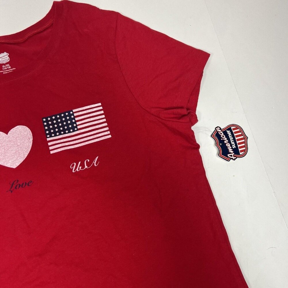 American Summer Women Red Tshirt Size XL 16/18 Peace Love USA Flag Heart NWT - Picture 6 of 12